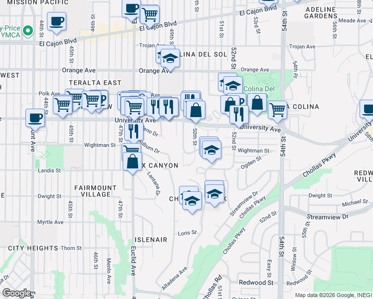 map of restaurants, bars, coffee shops, grocery stores, and more near 3833 50th Street in San Diego