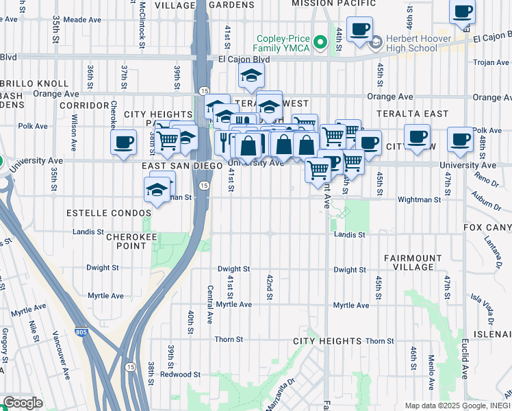map of restaurants, bars, coffee shops, grocery stores, and more near 4178 Wightman Street in San Diego