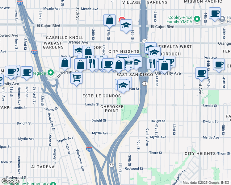 map of restaurants, bars, coffee shops, grocery stores, and more near 3742 Wightman Street in San Diego