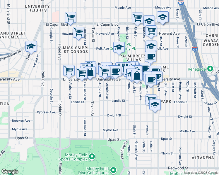 map of restaurants, bars, coffee shops, grocery stores, and more near 3825 Arnold Avenue in San Diego