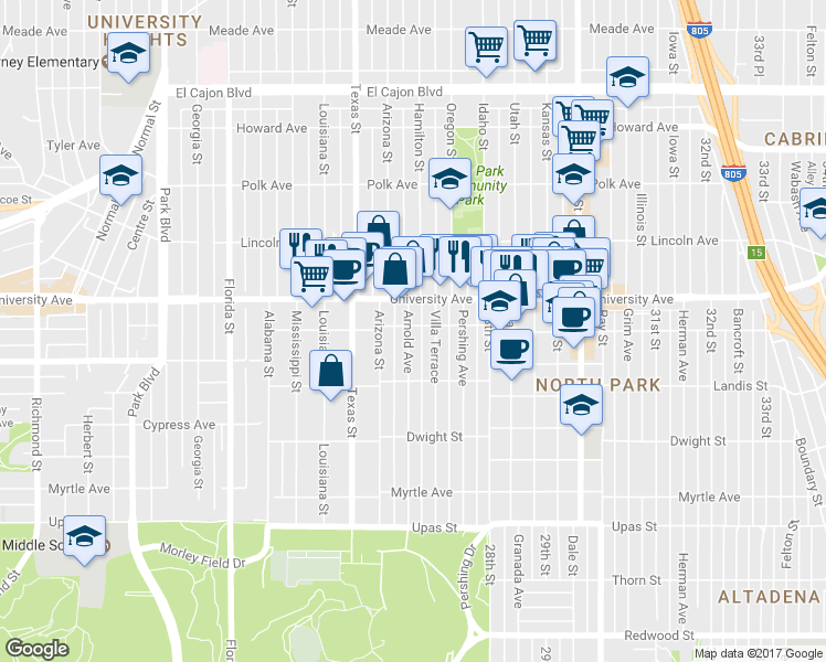 map of restaurants, bars, coffee shops, grocery stores, and more near 3825 Arnold Avenue in San Diego