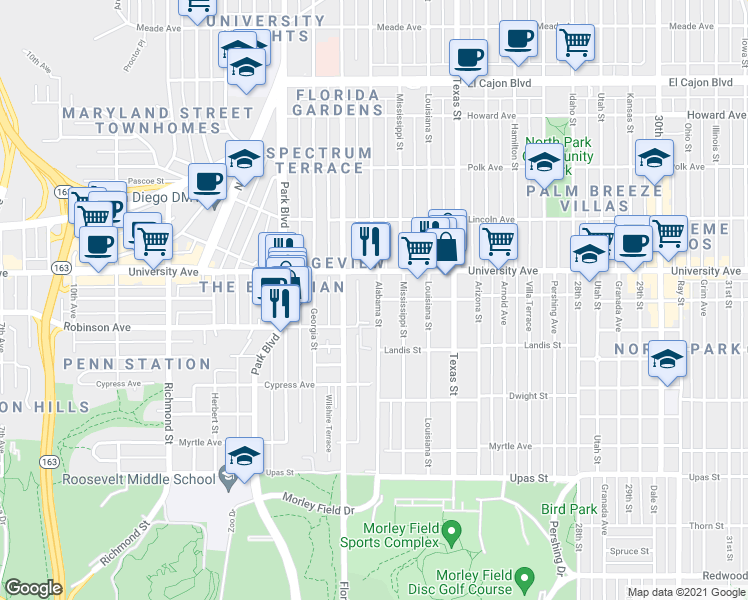 map of restaurants, bars, coffee shops, grocery stores, and more near in San Diego