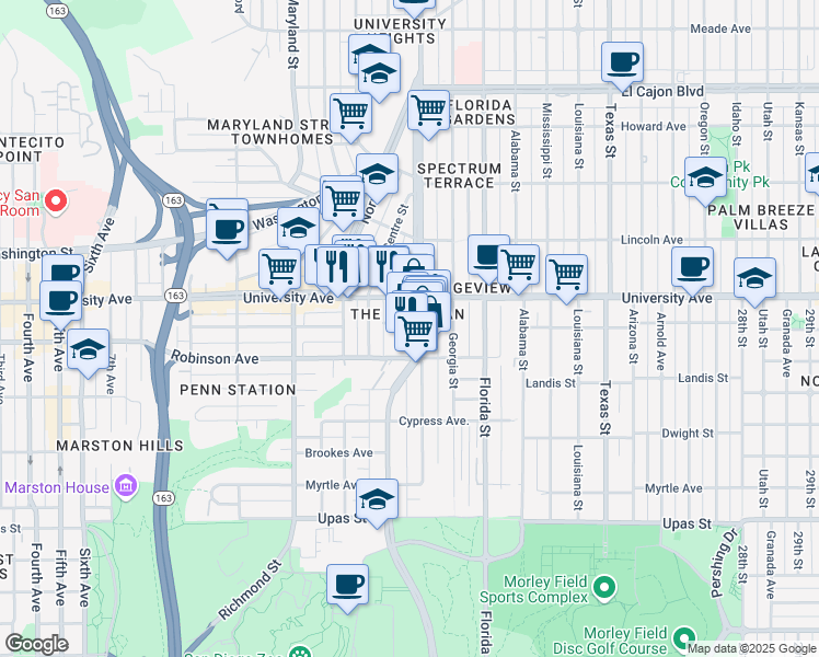 map of restaurants, bars, coffee shops, grocery stores, and more near in San Diego