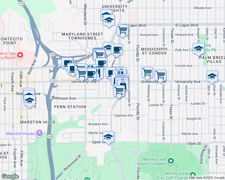 map of restaurants, bars, coffee shops, grocery stores, and more near in San Diego