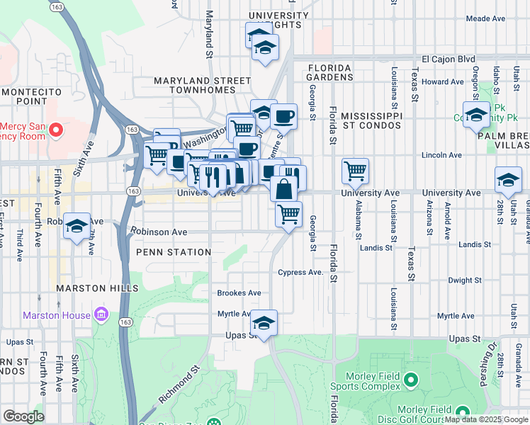 map of restaurants, bars, coffee shops, grocery stores, and more near 3824 Centre Street in San Diego