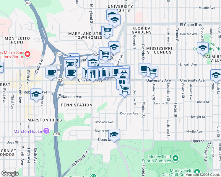 map of restaurants, bars, coffee shops, grocery stores, and more near 3824 Centre Street in San Diego