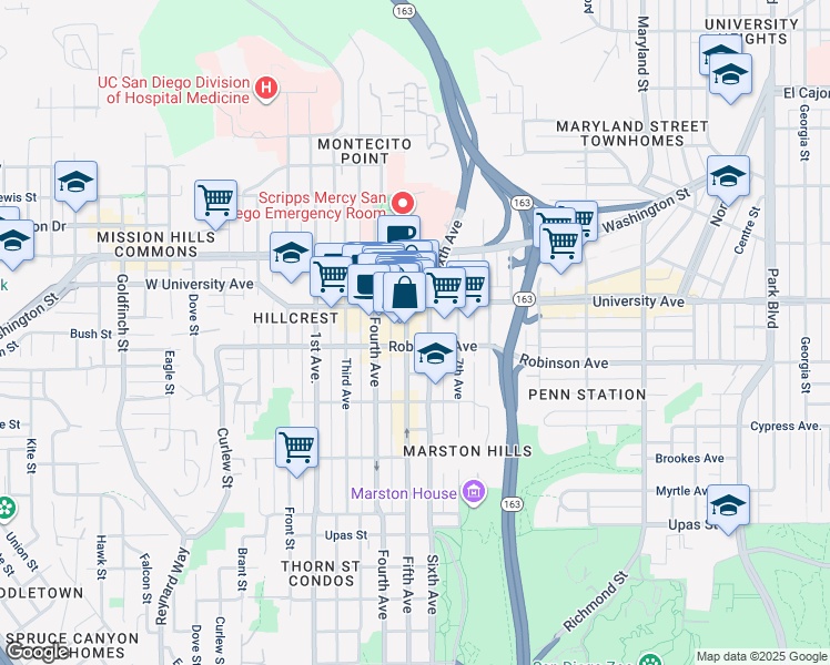 map of restaurants, bars, coffee shops, grocery stores, and more near 3880 Fifth Avenue in San Diego