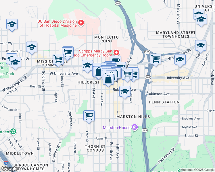 map of restaurants, bars, coffee shops, grocery stores, and more near 3882 Fourth Avenue in San Diego