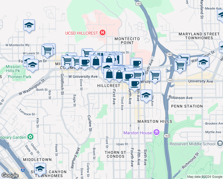map of restaurants, bars, coffee shops, grocery stores, and more near 3861 Front Street in San Diego