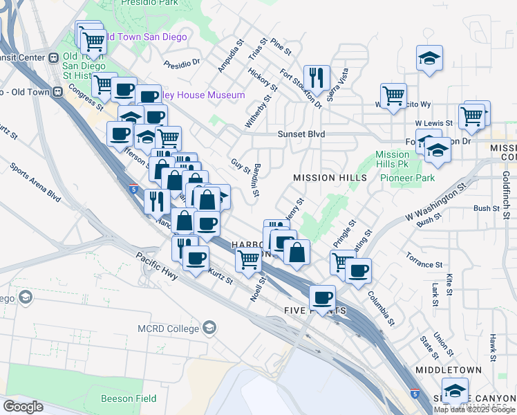 map of restaurants, bars, coffee shops, grocery stores, and more near 3940 Bandini Street in San Diego