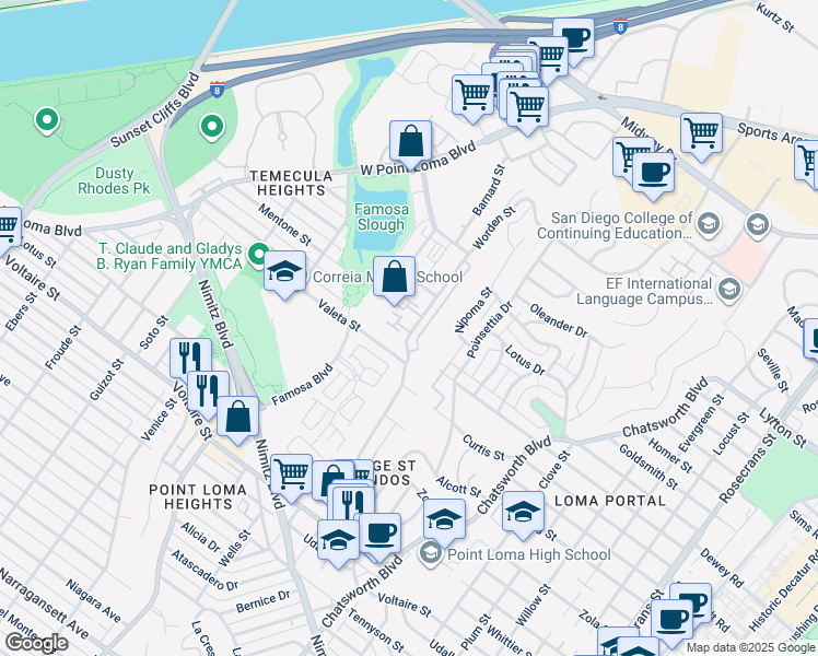 map of restaurants, bars, coffee shops, grocery stores, and more near 2654 Worden Street in San Diego