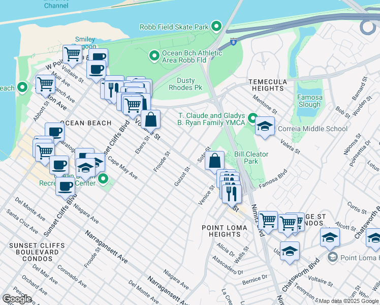 map of restaurants, bars, coffee shops, grocery stores, and more near 2242 Seaside Street in San Diego