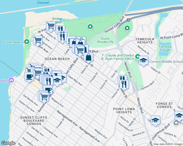 map of restaurants, bars, coffee shops, grocery stores, and more near 4678 Muir Avenue in San Diego