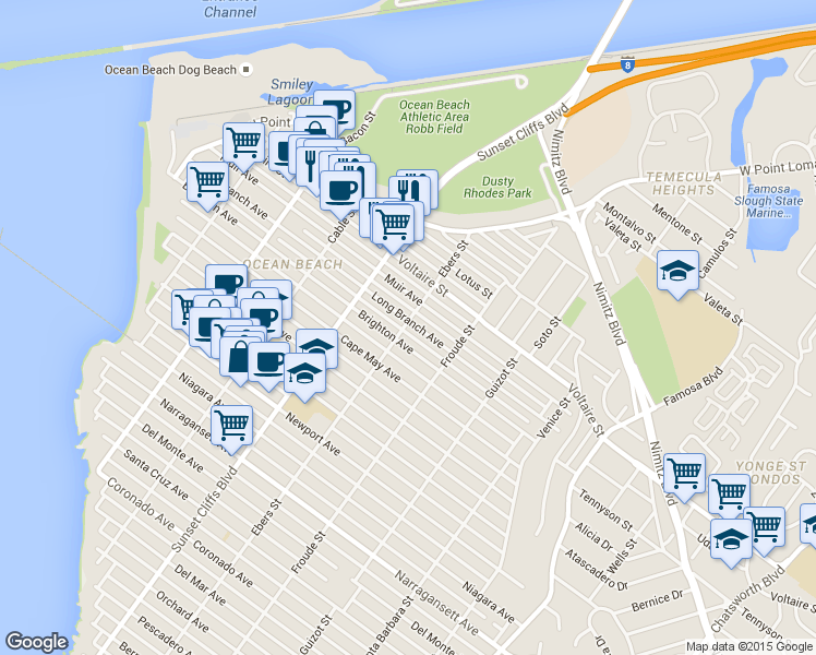 map of restaurants, bars, coffee shops, grocery stores, and more near 4732 Long Branch Avenue in San Diego