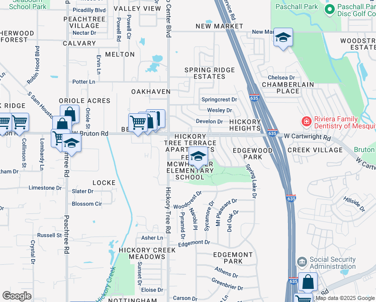 map of restaurants, bars, coffee shops, grocery stores, and more near 1610 Hickory Tree Road in Mesquite