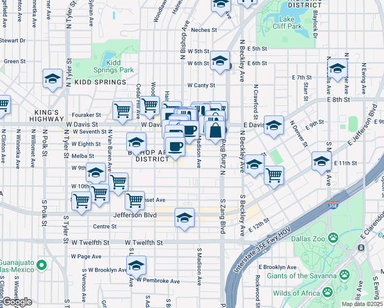 map of restaurants, bars, coffee shops, grocery stores, and more near 240 West Eighth Street in Dallas