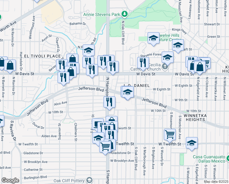 map of restaurants, bars, coffee shops, grocery stores, and more near 408 North Hampton Road in Dallas