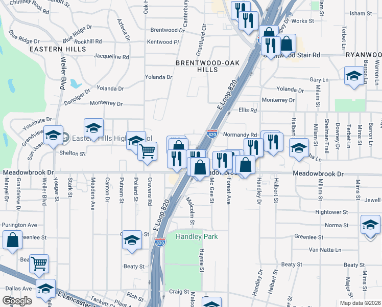 map of restaurants, bars, coffee shops, grocery stores, and more near 2188 East Loop 820 in Fort Worth