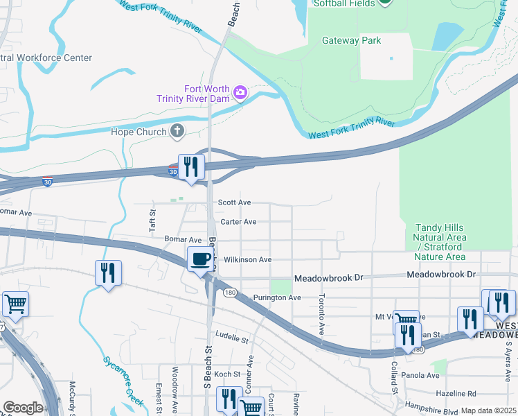 map of restaurants, bars, coffee shops, grocery stores, and more near 2703 Scott Avenue in Fort Worth