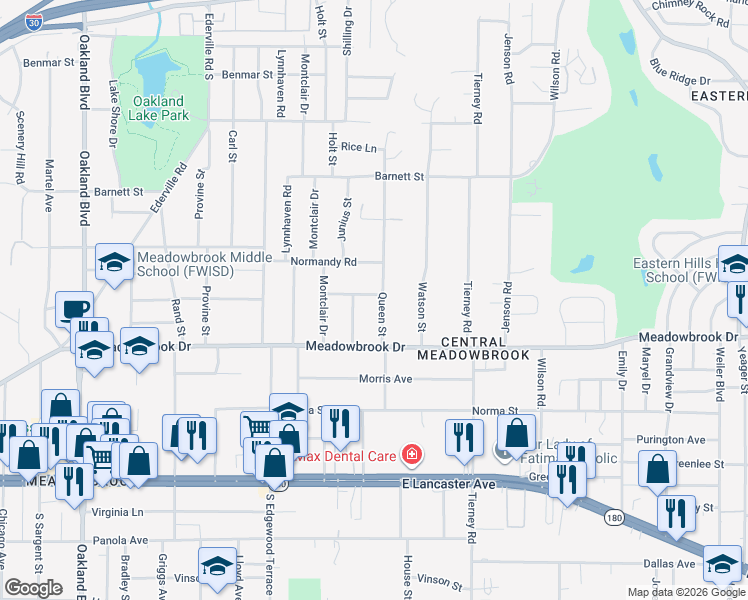map of restaurants, bars, coffee shops, grocery stores, and more near 4801 Martha Lane in Fort Worth