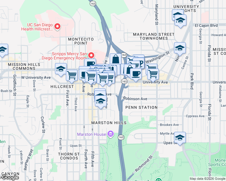map of restaurants, bars, coffee shops, grocery stores, and more near 3820 8th Avenue in San Diego