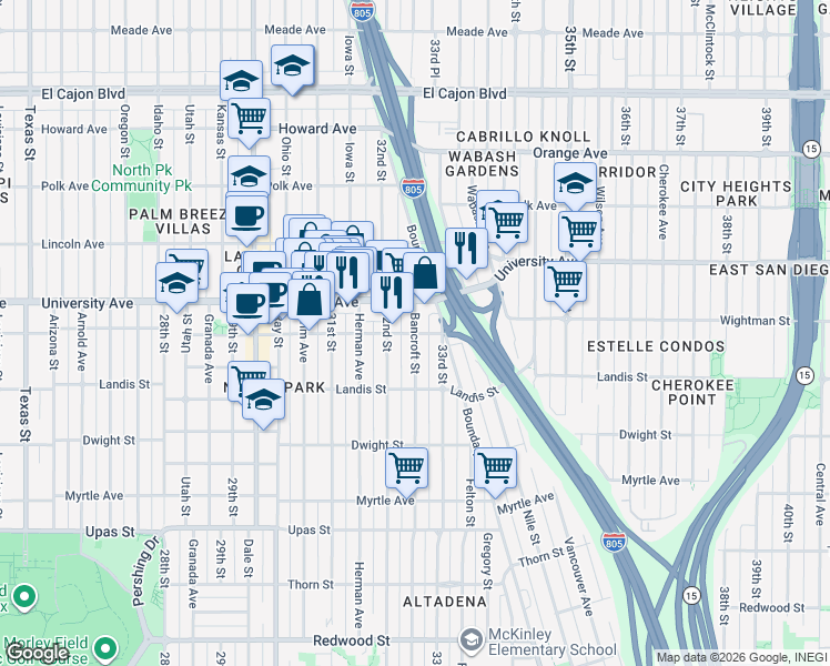map of restaurants, bars, coffee shops, grocery stores, and more near Bancroft Street & North Park Way in San Diego