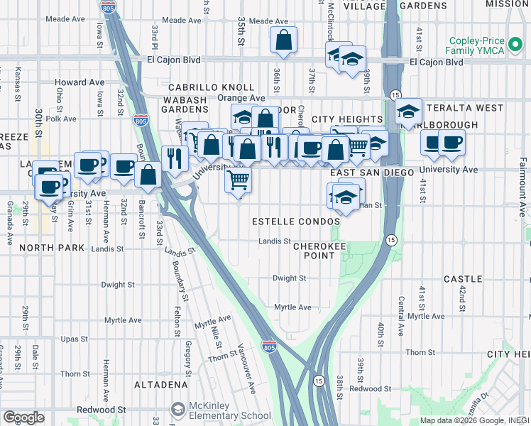map of restaurants, bars, coffee shops, grocery stores, and more near 3779 Wilson Avenue in San Diego
