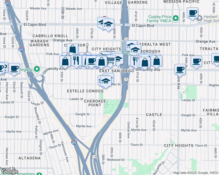 map of restaurants, bars, coffee shops, grocery stores, and more near 3735 38th Street in San Diego