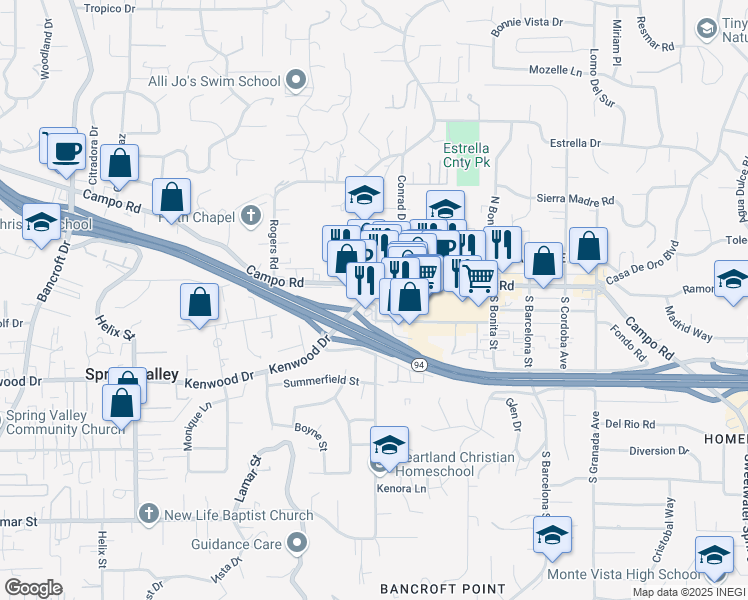 map of restaurants, bars, coffee shops, grocery stores, and more near 9682 Campo Road in Spring Valley