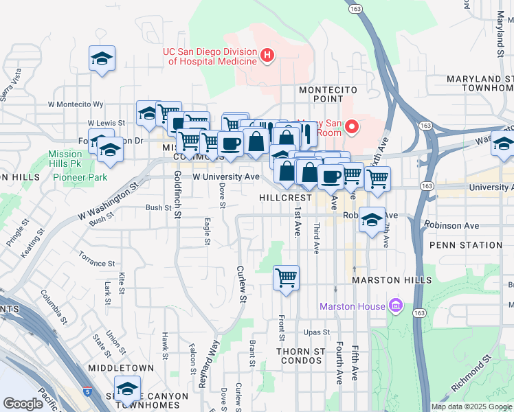 map of restaurants, bars, coffee shops, grocery stores, and more near 3844 Albatross Street in San Diego