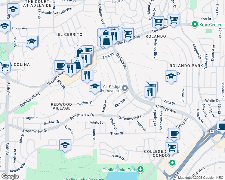map of restaurants, bars, coffee shops, grocery stores, and more near 3811 Demus Street in San Diego