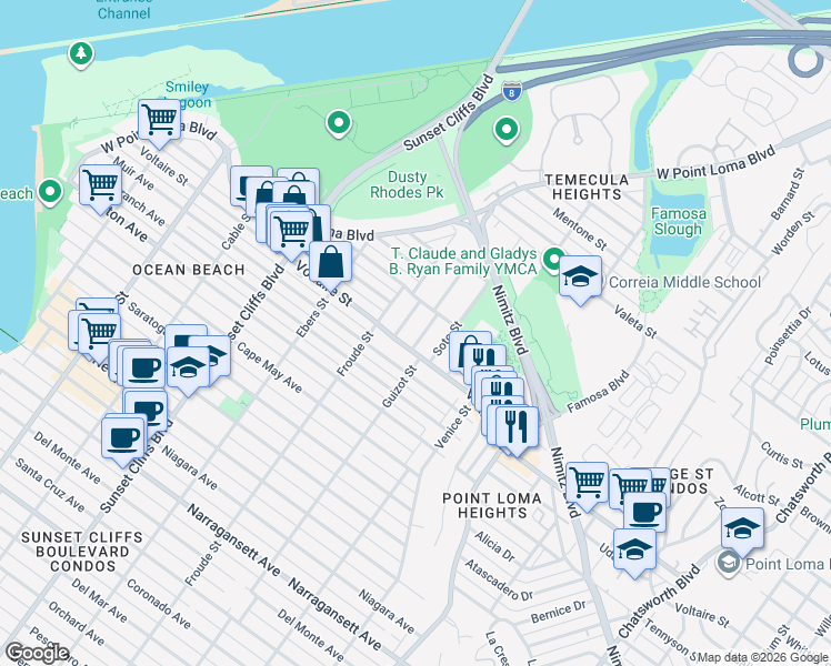 map of restaurants, bars, coffee shops, grocery stores, and more near 2242 Seaside Street in San Diego