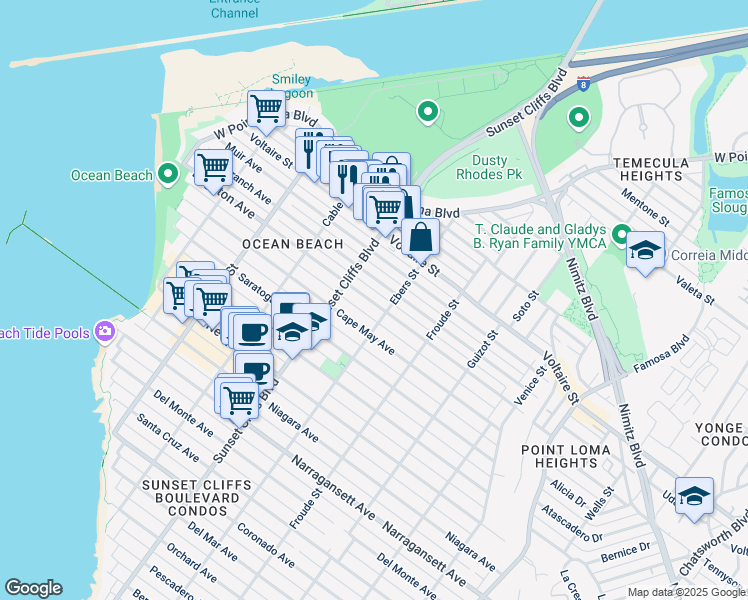 map of restaurants, bars, coffee shops, grocery stores, and more near 4732 Long Branch Avenue in San Diego