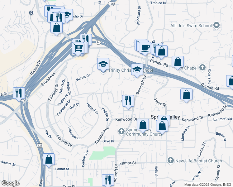 map of restaurants, bars, coffee shops, grocery stores, and more near 8916 Golf Drive in Spring Valley