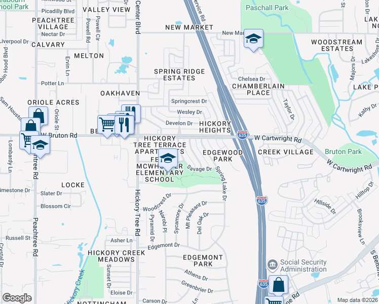 map of restaurants, bars, coffee shops, grocery stores, and more near 1610 Evergreen Drive in Mesquite