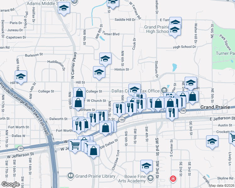 map of restaurants, bars, coffee shops, grocery stores, and more near 614 College Street in Grand Prairie