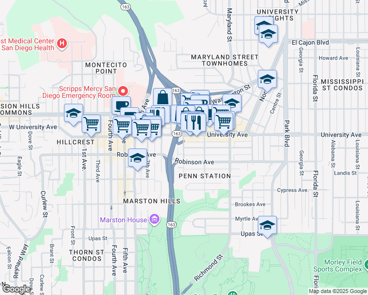 map of restaurants, bars, coffee shops, grocery stores, and more near Essex Street & 10th Avenue in San Diego
