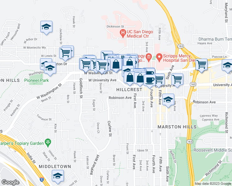 map of restaurants, bars, coffee shops, grocery stores, and more near 3832 Albatross Street in San Diego