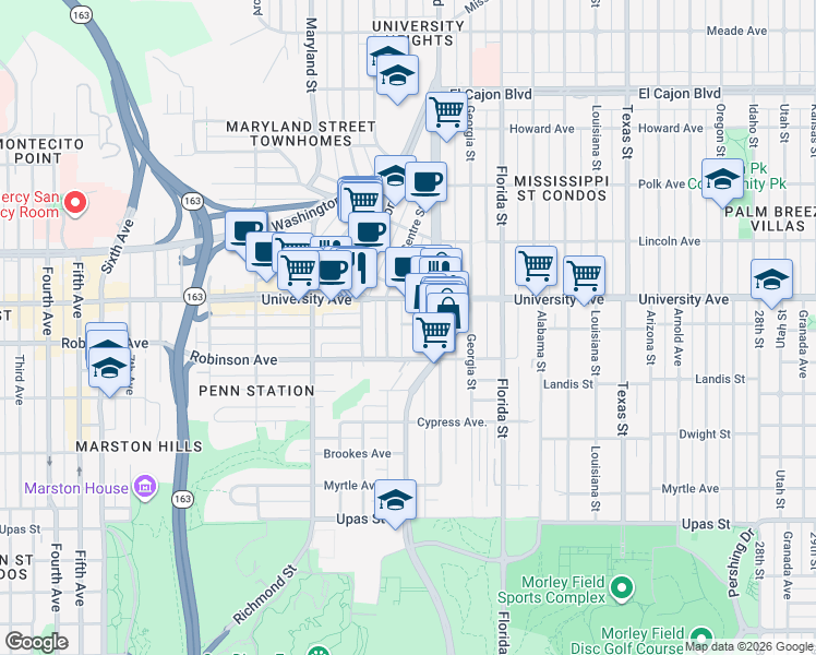 map of restaurants, bars, coffee shops, grocery stores, and more near in San Diego