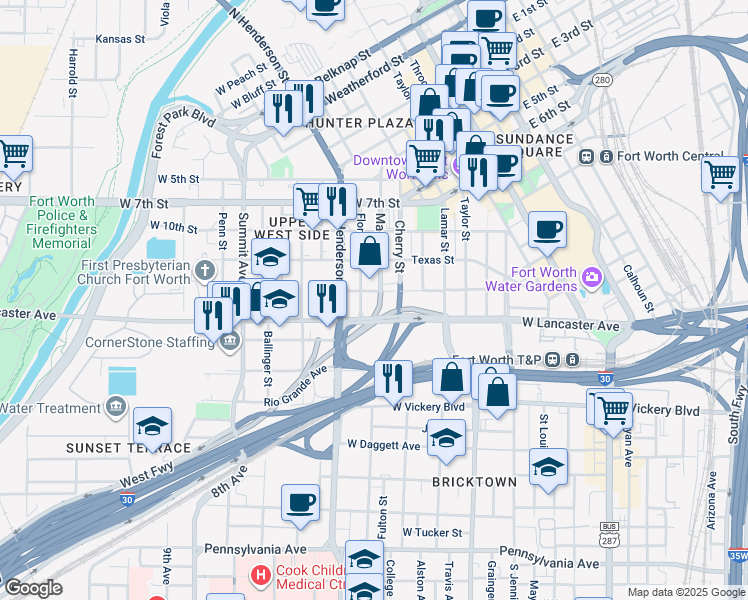 map of restaurants, bars, coffee shops, grocery stores, and more near 1021 Florence Street in Fort Worth