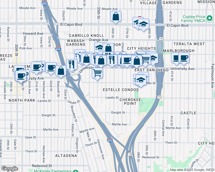 map of restaurants, bars, coffee shops, grocery stores, and more near 3779 Wilson Avenue in San Diego