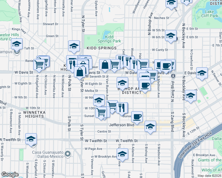 map of restaurants, bars, coffee shops, grocery stores, and more near 700 West Eighth Street in Dallas
