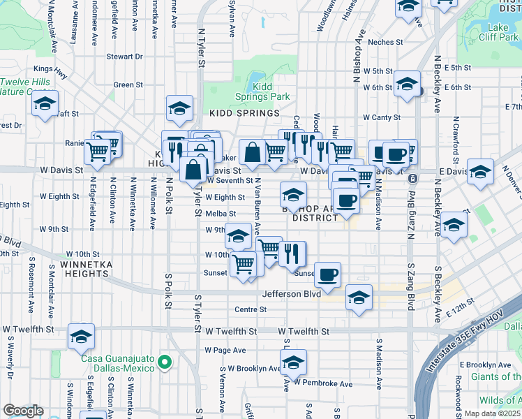 map of restaurants, bars, coffee shops, grocery stores, and more near 700 West Eighth Street in Dallas