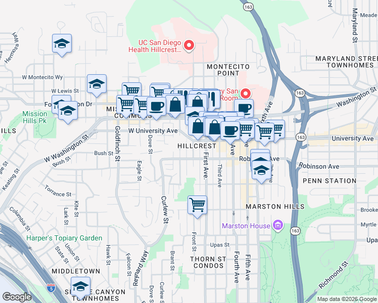 map of restaurants, bars, coffee shops, grocery stores, and more near 3830 Front Street in San Diego