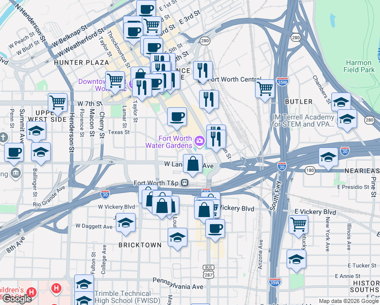 map of restaurants, bars, coffee shops, grocery stores, and more near 1601 Houston Street in Fort Worth