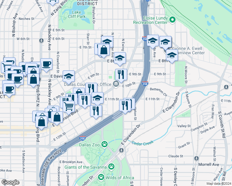 map of restaurants, bars, coffee shops, grocery stores, and more near 702 East Jefferson Boulevard in Dallas