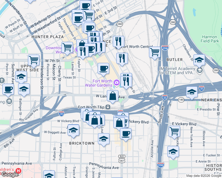map of restaurants, bars, coffee shops, grocery stores, and more near 1601 Houston Street in Fort Worth