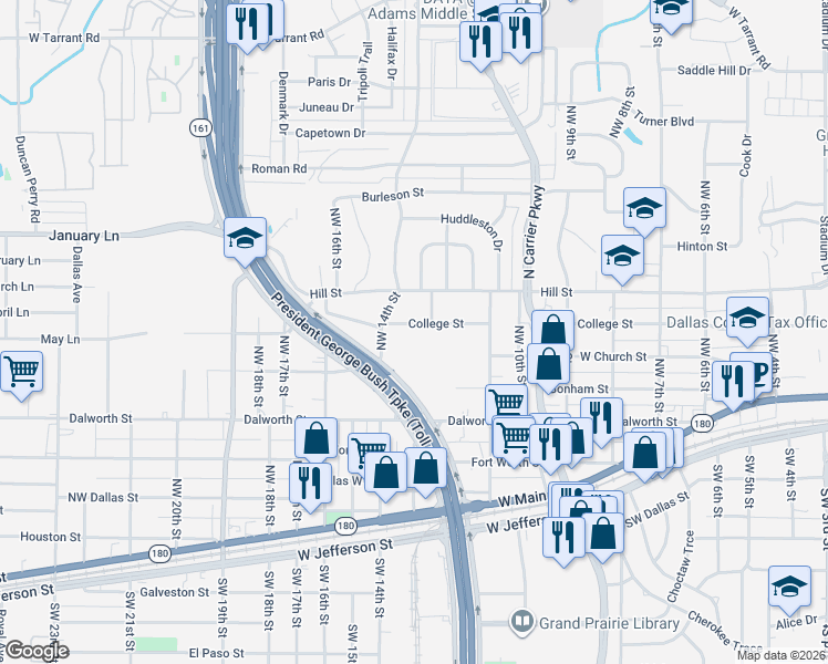 map of restaurants, bars, coffee shops, grocery stores, and more near 1210 College Street in Grand Prairie