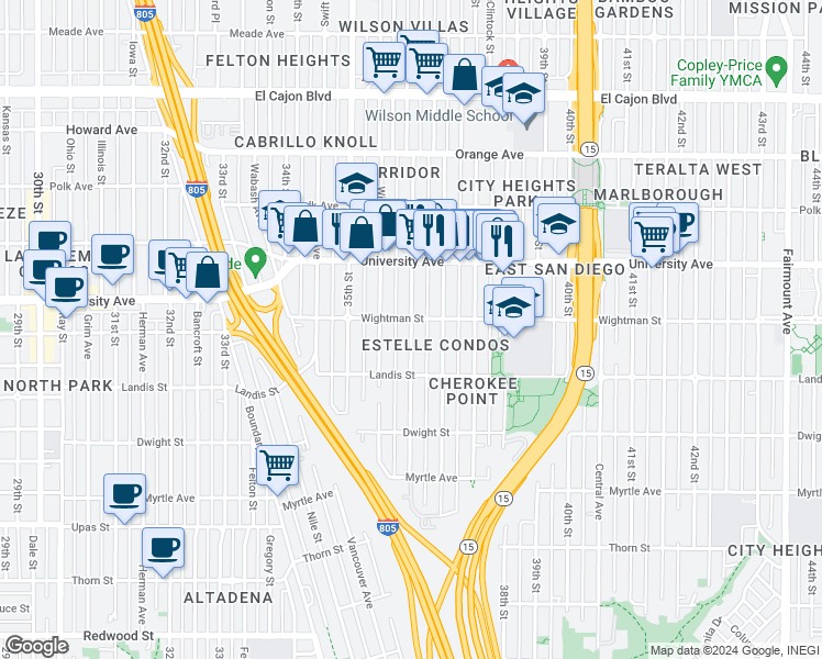 map of restaurants, bars, coffee shops, grocery stores, and more near 3776 36th Street in San Diego
