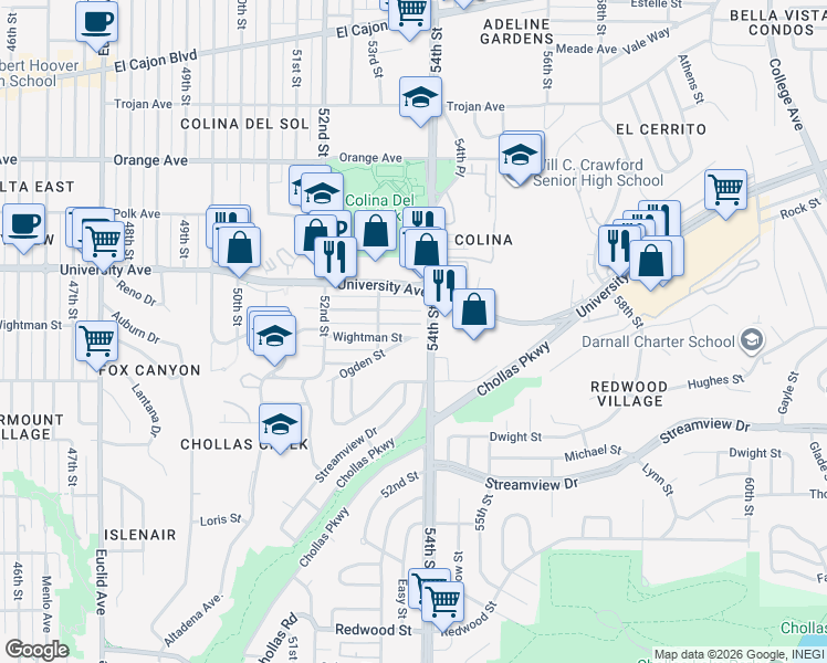 map of restaurants, bars, coffee shops, grocery stores, and more near in San Diego